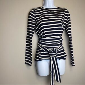 J-Crew Striped Belted Cross Back Top M Navy Blue and white Size S